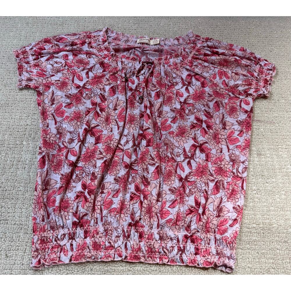 Faded Glory Women’s Large 12-14 Peasant Top Short Puff Sleeves Floral Pink Tie